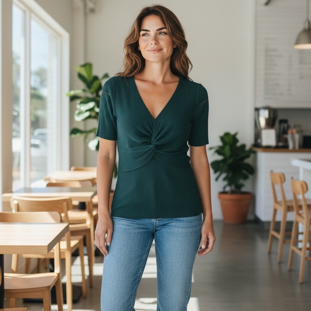 UNIVERSAL STANDARD Twist Knit Top Green V Neck Ribbed Tee‎ Size 4XS (]\XS)
